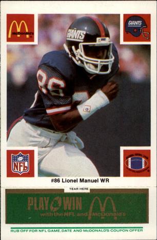 1986 McDonald's New York Giants - Full Game Pieces - Week 4 Green Tab #NNO Lionel Manuel Front