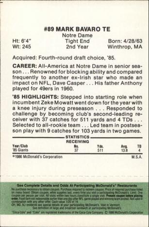 1986 McDonald's New York Giants - Full Game Pieces - Week 4 Green Tab #NNO Mark Bavaro Back