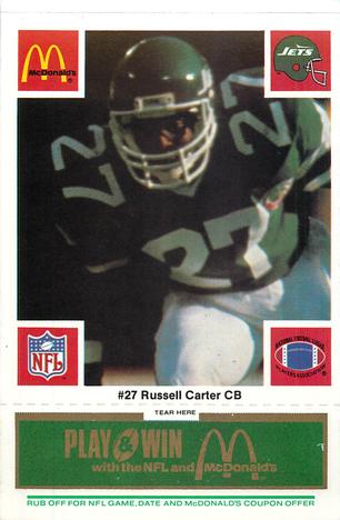 1986 McDonald's New York Jets - Full Game Pieces - Week 4 Green Tab #NNO Russell Carter Front