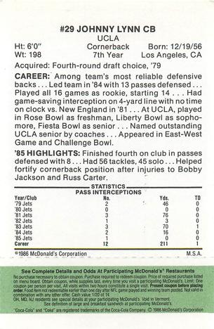 1986 McDonald's New York Jets - Full Game Pieces - Week 4 Green Tab #NNO Johnny Lynn Back