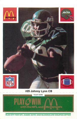 1986 McDonald's New York Jets - Full Game Pieces - Week 4 Green Tab #NNO Johnny Lynn Front