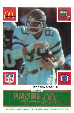 1986 McDonald's New York Jets - Full Game Pieces - Week 4 Green Tab #NNO Rocky Klever Front