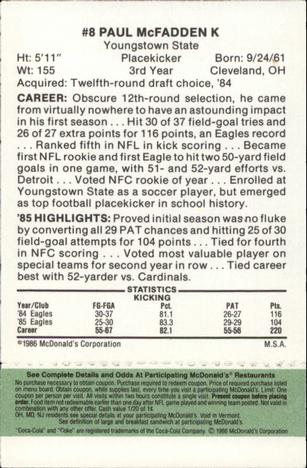 1986 McDonald's Philadelphia Eagles - Full Game Pieces - Week 4 Green Tab #NNO Paul McFadden Back