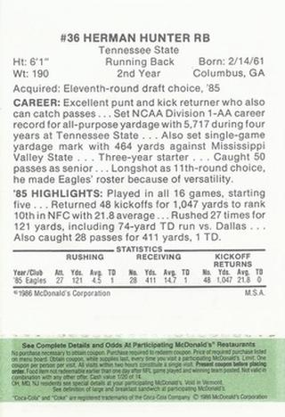 1986 McDonald's Philadelphia Eagles - Full Game Pieces - Week 4 Green Tab #NNO Herman Hunter Back