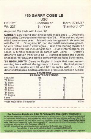 1986 McDonald's Philadelphia Eagles - Full Game Pieces - Week 4 Green Tab #NNO Garry Cobb Back