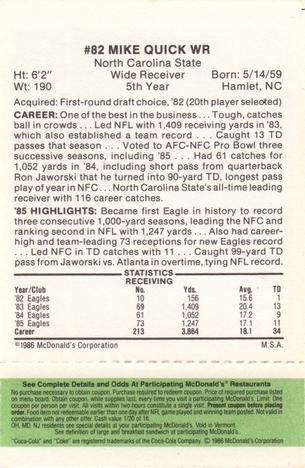 1986 McDonald's Philadelphia Eagles - Full Game Pieces - Week 4 Green Tab #NNO Mike Quick Back