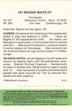 1986 McDonald's Philadelphia Eagles - Full Game Pieces - Week 4 Green Tab #NNO Reggie White Back