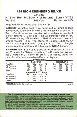 1986 McDonald's Pittsburgh Steelers - Full Game Pieces - Week 4 Green Tab #NNO Rich Erenberg Back