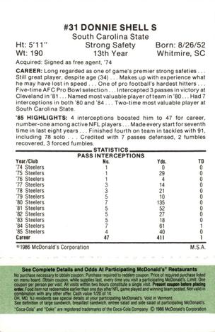 1986 McDonald's Pittsburgh Steelers - Full Game Pieces - Week 4 Green Tab #NNO Donnie Shell Back