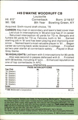 1986 McDonald's Pittsburgh Steelers - Full Game Pieces - Week 4 Green Tab #NNO Dwayne Woodruff Back