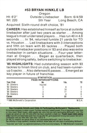 1986 McDonald's Pittsburgh Steelers - Full Game Pieces - Week 4 Green Tab #NNO Bryan Hinkle Back