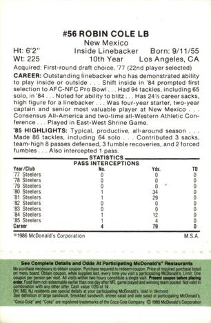 1986 McDonald's Pittsburgh Steelers - Full Game Pieces - Week 4 Green Tab #NNO Robin Cole Back