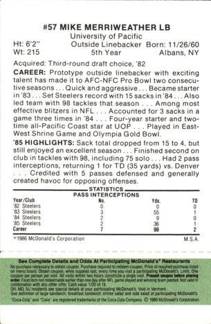 1986 McDonald's Pittsburgh Steelers - Full Game Pieces - Week 4 Green Tab #NNO Mike Merriweather Back