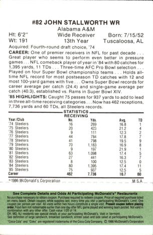 1986 McDonald's Pittsburgh Steelers - Full Game Pieces - Week 4 Green Tab #NNO John Stallworth Back