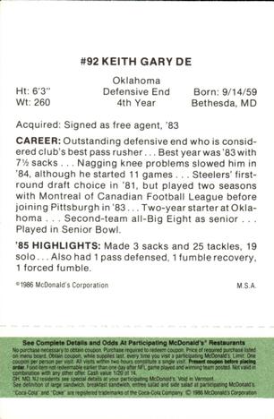 1986 McDonald's Pittsburgh Steelers - Full Game Pieces - Week 4 Green Tab #NNO Keith Gary Back