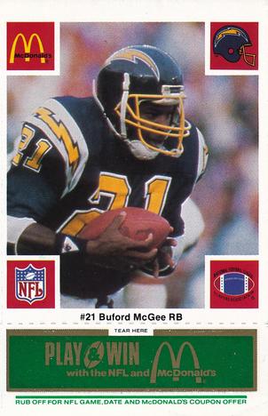 1986 McDonald's San Diego Chargers - Full Game Pieces - Week 4 Green Tab #NNO Buford McGee Front