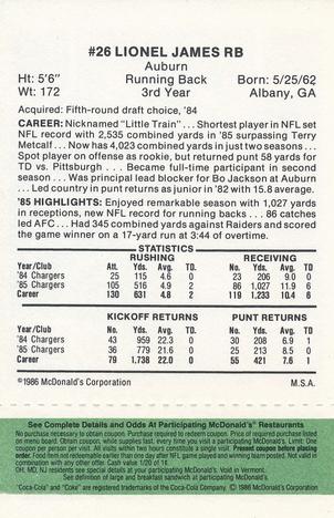 1986 McDonald's San Diego Chargers - Full Game Pieces - Week 4 Green Tab #NNO Lionel James Back