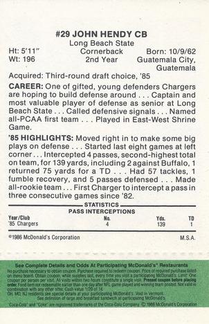 1986 McDonald's San Diego Chargers - Full Game Pieces - Week 4 Green Tab #NNO John Hendy Back
