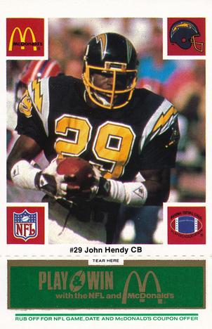 1986 McDonald's San Diego Chargers - Full Game Pieces - Week 4 Green Tab #NNO John Hendy Front