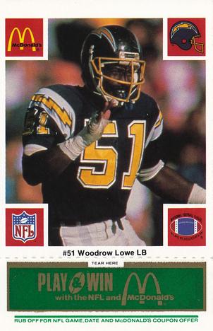 1986 McDonald's San Diego Chargers - Full Game Pieces - Week 4 Green Tab #NNO Woodrow Lowe Front