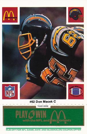 1986 McDonald's San Diego Chargers - Full Game Pieces - Week 4 Green Tab #NNO Don Macek Front