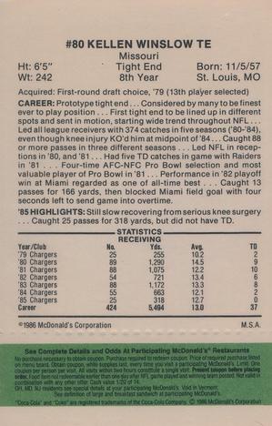 1986 McDonald's San Diego Chargers - Full Game Pieces - Week 4 Green Tab #NNO Kellen Winslow Back