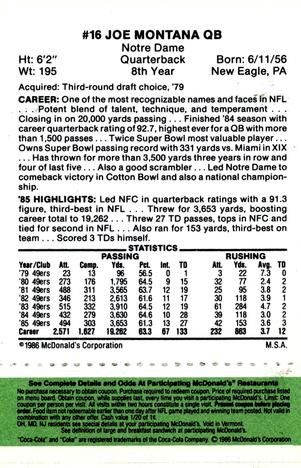 1986 McDonald's San Francisco 49ers - Full Game Pieces - Week 4 Green Tab #NNO Joe Montana Back