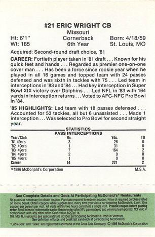 1986 McDonald's San Francisco 49ers - Full Game Pieces - Week 4 Green Tab #NNO Eric Wright Back