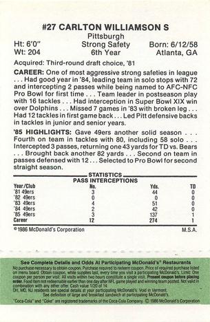1986 McDonald's San Francisco 49ers - Full Game Pieces - Week 4 Green Tab #NNO Carlton Williamson Back