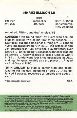 1986 McDonald's San Francisco 49ers - Full Game Pieces - Week 4 Green Tab #NNO Riki Ellison Back