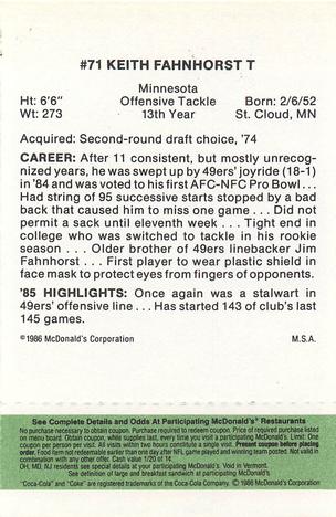 1986 McDonald's San Francisco 49ers - Full Game Pieces - Week 4 Green Tab #NNO Keith Fahnhorst Back