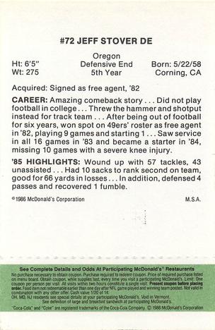 1986 McDonald's San Francisco 49ers - Full Game Pieces - Week 4 Green Tab #NNO Jeff Stover Back