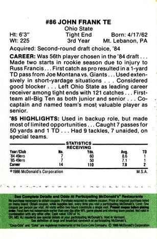 1986 McDonald's San Francisco 49ers - Full Game Pieces - Week 4 Green Tab #NNO John Frank Back