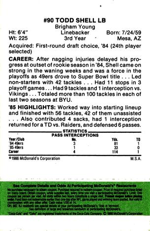 1986 McDonald's San Francisco 49ers - Full Game Pieces - Week 4 Green Tab #NNO Todd Shell Back