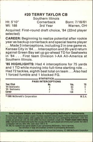 1986 McDonald's Seattle Seahawks - Full Game Pieces - Week 4 Green Tab #NNO Terry Taylor Back
