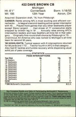 1986 McDonald's Seattle Seahawks - Full Game Pieces - Week 4 Green Tab #NNO Dave Brown Back