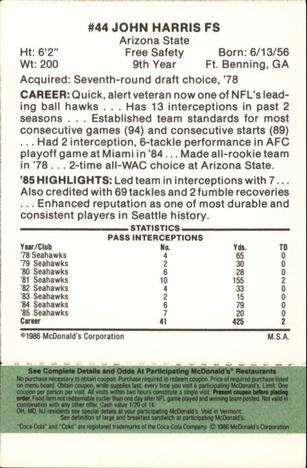 1986 McDonald's Seattle Seahawks - Full Game Pieces - Week 4 Green Tab #NNO John Harris Back