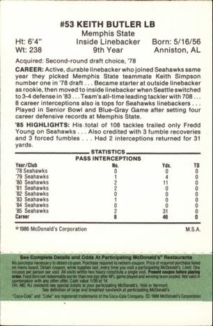 1986 McDonald's Seattle Seahawks - Full Game Pieces - Week 4 Green Tab #NNO Keith Butler Back