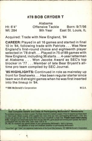 1986 McDonald's Seattle Seahawks - Full Game Pieces - Week 4 Green Tab #NNO Bob Cryder Back