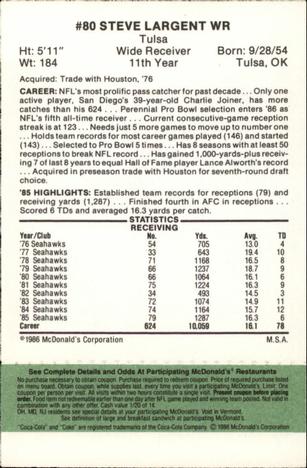 1986 McDonald's Seattle Seahawks - Full Game Pieces - Week 4 Green Tab #NNO Steve Largent Back