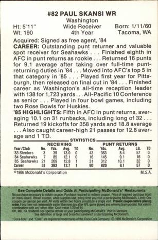 1986 McDonald's Seattle Seahawks - Full Game Pieces - Week 4 Green Tab #NNO Paul Skansi Back
