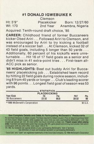 1986 McDonald's Tampa Bay Buccaneers - Full Game Pieces - Week 4 Green Tab #NNO Donald Igwebuike Back