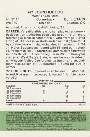 1986 McDonald's Tampa Bay Buccaneers - Full Game Pieces - Week 4 Green Tab #NNO John Holt Back