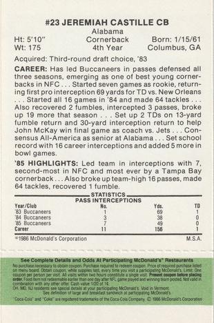 1986 McDonald's Tampa Bay Buccaneers - Full Game Pieces - Week 4 Green Tab #NNO Jeremiah Castille Back