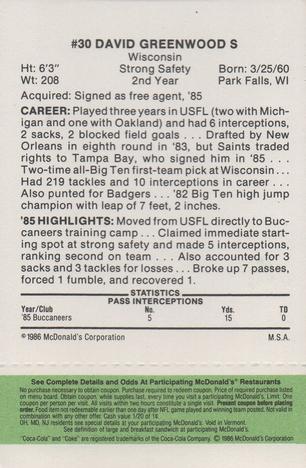 1986 McDonald's Tampa Bay Buccaneers - Full Game Pieces - Week 4 Green Tab #NNO David Greenwood Back