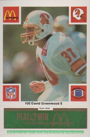 1986 McDonald's Tampa Bay Buccaneers - Full Game Pieces - Week 4 Green Tab #NNO David Greenwood Front