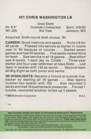 1986 McDonald's Tampa Bay Buccaneers - Full Game Pieces - Week 4 Green Tab #NNO Chris Washington Back
