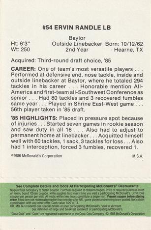 1986 McDonald's Tampa Bay Buccaneers - Full Game Pieces - Week 4 Green Tab #NNO Ervin Randle Back