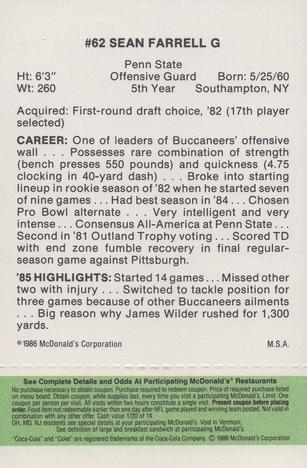 1986 McDonald's Tampa Bay Buccaneers - Full Game Pieces - Week 4 Green Tab #NNO Sean Farrell Back