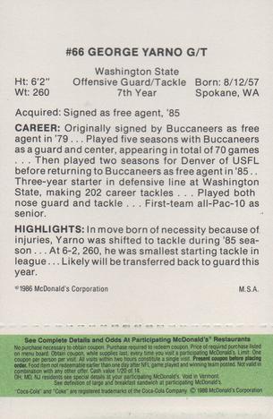 1986 McDonald's Tampa Bay Buccaneers - Full Game Pieces - Week 4 Green Tab #NNO George Yarno Back